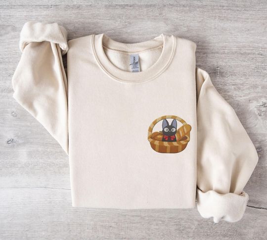 Embroidered Anime Cat Long Sleeve Shirt | Anime Embroidery Sweater | Anime Lover Gifts | Black Cat Hoodless Sweatshirt