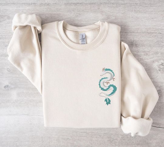 Embroidered Anime White Dragon Long Sleeve Shirt | Embroidery River Spirit Sweater | Japanese Anime Gifts | Crewneck Otaku Sweatshirt