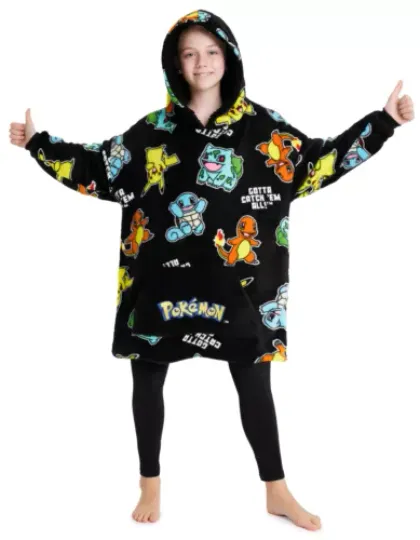 PKM Oversized Hoodie Blanket for Kids, Pika Gifts for Boys (Black AOP)