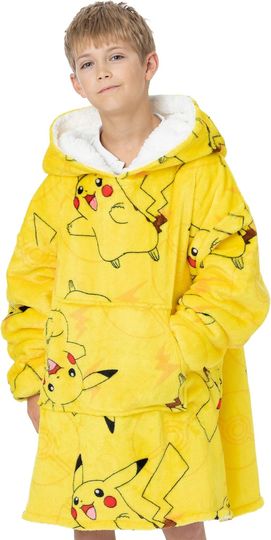 PKM Kids Blanket Hoodie Oversized Double Lined Sherpa Fleece Yellow Or Red