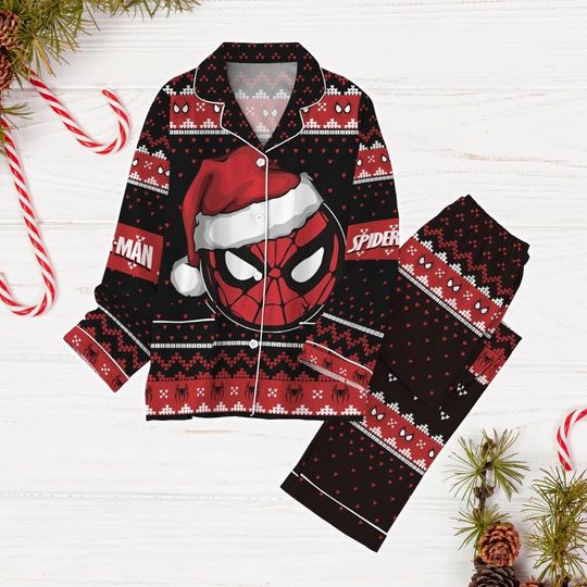 Spider Man Christmas Pajamas Set, Spiderman Holiday Pajamas, Santa Superhero XMas Shirt, Holiday Party Gift, Long Sleeve Pajamas