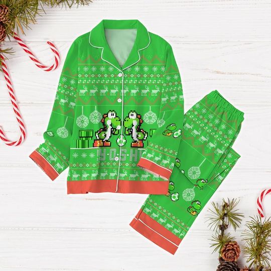 Super Mario Yoshi Christmas Pajamas, Yoshi Holiday Pajamas, Super Mario Xmas Pajamas, Super Mario Shirt, Yoshi Dino Shirt, Gift For Kid
