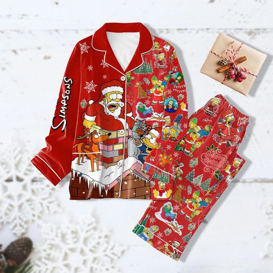 Christmas The Simpsons Pajamas Set, Cartoon Christmas Pajama, Family Pyjamas, Cartoon Christmas Shirt, Christmas Button Down Pajamas