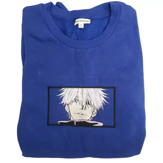 Jujutsu Satoru Gojo Embroidered Crewneck Sweater Blue Plus Size 1X Anime