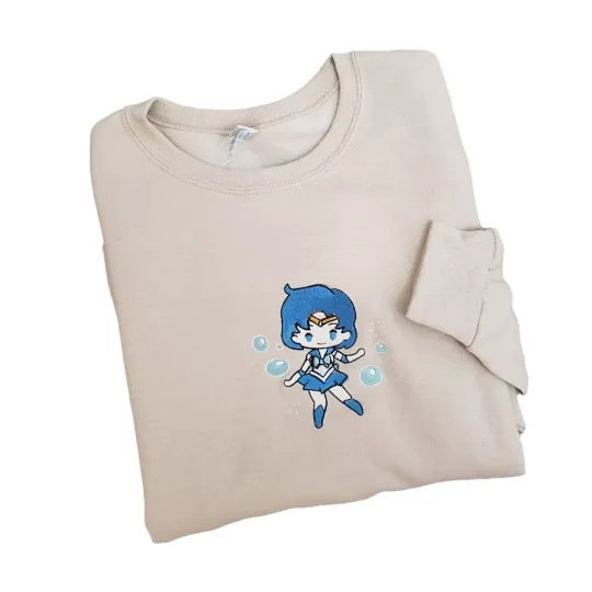 Sailor Mercury Embroidered Crewneck Sweater Beige Size L Kawaii Anime Crystal