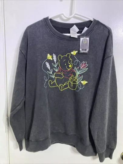 Disney Winnie The Pooh Sweatshirt Womens XXL Black Fleece Embroidered Pullover