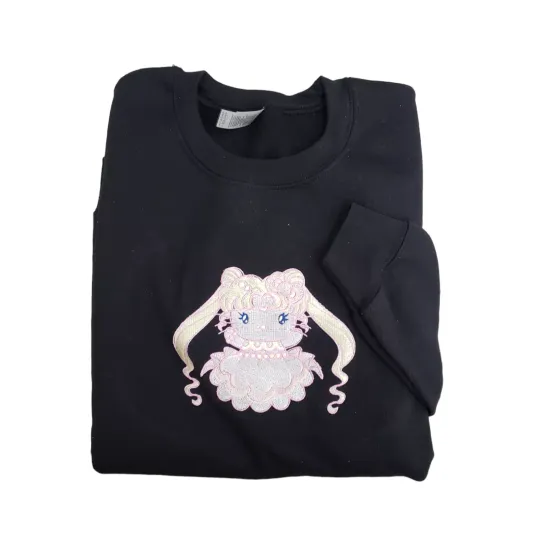 Hello Kitty Sailor Moon Princess Serenity Embroidered Crewneck Sweater Black (M)