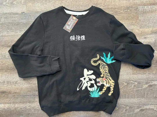 Blind Rooster Sweatshirt Black Tokyo Tiger Large Crewneck Boxy Embroidered $84