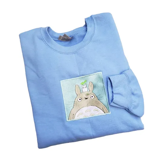 My Neighbor Totoro Friend Embroidered Crewneck Carolina Blue Kawaii Cottagecore