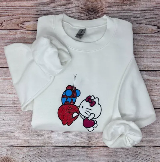 Hello Kitty  Spider-Man Kiss  Embroidered Crewneck Unisex Sweatshirt Trendy Gift