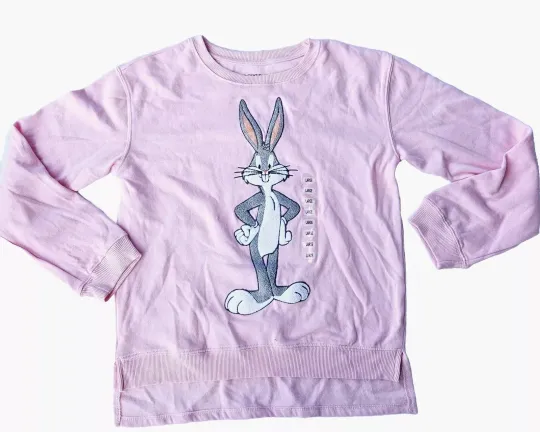 New Bugs Bunny Sweatshirt GIRLS Size L Embroidered Pink Looney Tunes MSRP$44