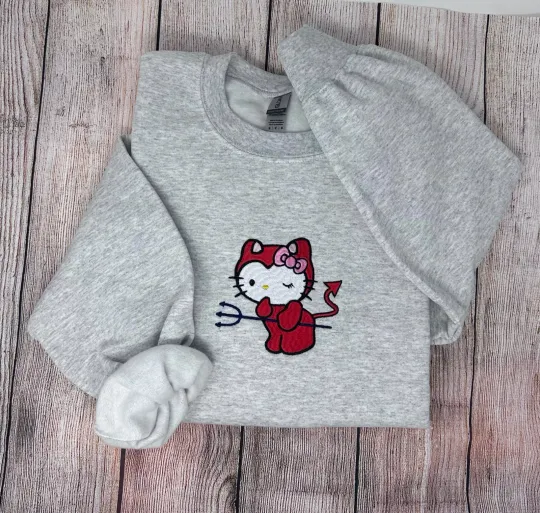 Hello Kitty Devil Embroidered Trendy Sweatshirt Crewneck Show your Style