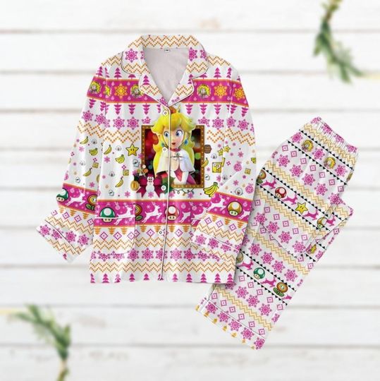 Christmas Princess Peach Womens Pajamas, Super Mario Holiday Pajamas, Christmas Pajamas, Family Matching Pajamas Set, Gift For Her