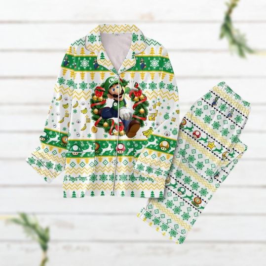 Christmas Luigi Womens Holiday Pajamas, Super Mario Holiday Pajamas, Funny Christmas Pajamas, Family Matching Pajamas Set, Gift For Him