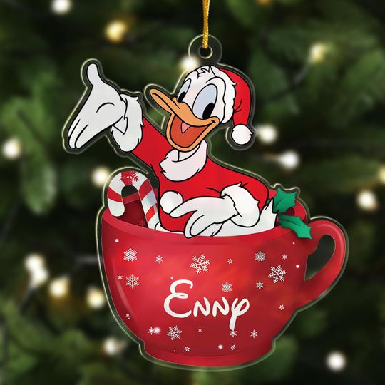 Personalized Donald Duck Tea Cup Christmas Ornament, Donald Duck 2024 Christmas Tree Decor, Cartoon Cup Character Xmas Gift For Kid
