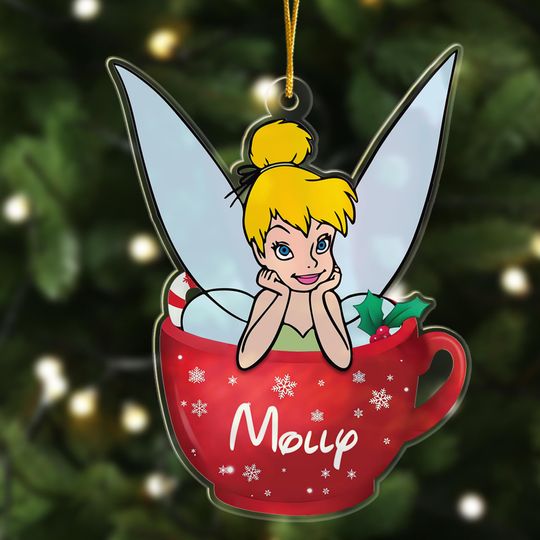 Personalized Tinker Bell Tea Cup Christmas Ornament, Cute Tinkerbell Princess 2024 Christmas Tree Decor, Cartoon Cup Character Gift For Kid