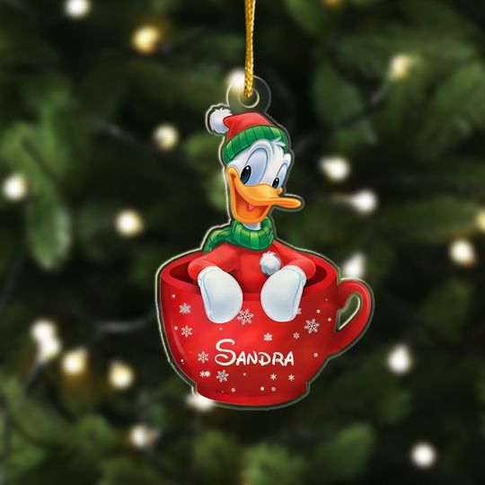 Personalized Donald Duck Christmas Ornament, Customized 2024 Christmas Tree Decor, Donald Duck Gift For Kid, Duck In Cup Xmas Keepsake