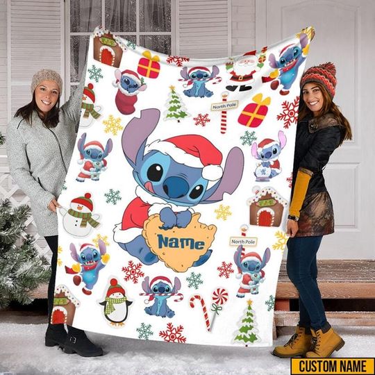Stitch Christmas Blanket, Stitch And Lilo Christmas Fleece Blankets, Stitch Angel Disneyland Christmas Blanket, Blanket For Bed Couch Sofa