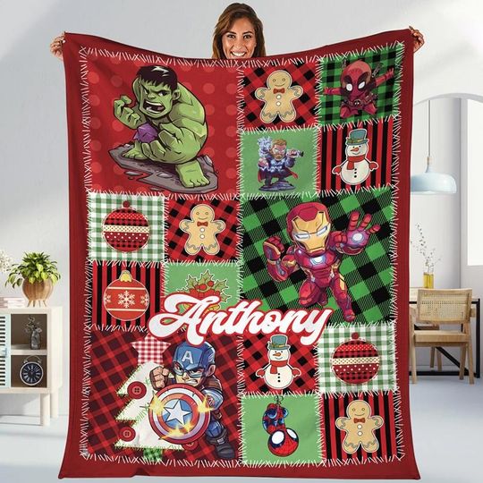 Personalized Avengers Christmas Blanket, Captain America Iron Man Hulk Fleece Blanket, Superhero Christmas Fleece Blankets For Bed Couch Sofa