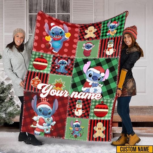 Stitch Christmas Blanket, Stitch Lilo Fleece Blanket, Stitch Angel Magic Kingdom Fleece Blanket For Bed Couch Sofa, Christmas Holiday Blanket