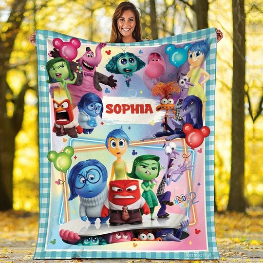 Personalized Disneyland Pixar Inside Out Character Blanket, Joy Disgust Sadness Anxiety Envy Inside Out Friends Blanket, Custom Name Blanket