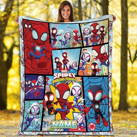 Personalized Spidey And Amazing Friends Fleece Blanket | Spider Man Custom Blanket | Spiderman Ghost Spider Fleece Blanket For Bed Couch Sofa