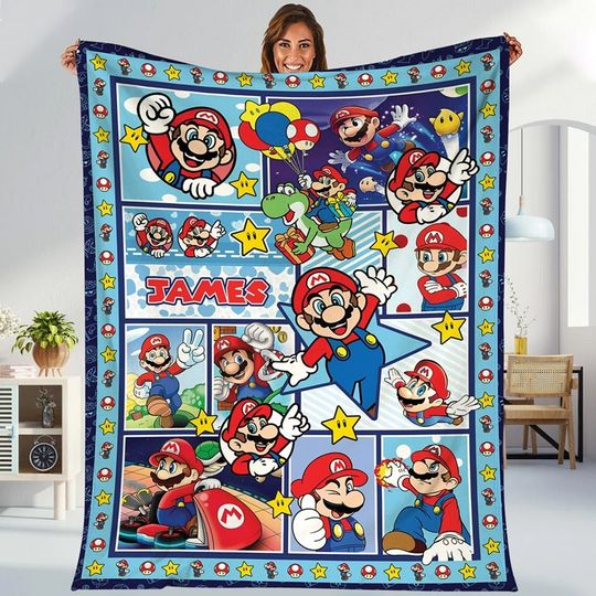 Personalized Super Mario Blanket | Super Mario Luigi Priness Peach Bowser Blanket | Mario Video Game Fleece Blanket Gift For Bed Couch Sofa