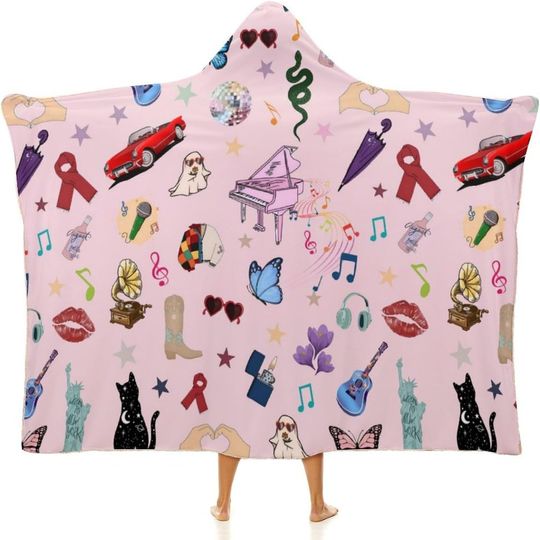 Flannel Cloak Hooded Blanket for Music Fans Soft Warm Wearable Blanket Cozy Plush Hoodie Blanket Music Wrap Blanket
