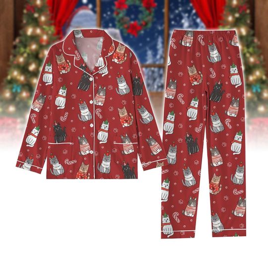 Meowy Christmas Pajamas, Cat Santa Hat Fleece Pajamas,Catmas Sleepwear, Funny Cat Lovers Gifts, Matching Christmas Family Pajamas Set