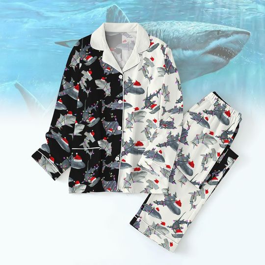 Santa Shark Christmas Pajamas Set, Jawa Light Lounge Wear, Comfy Nightwear, Shark Lover Christmas Shirt, Family Christmas Pajamas Set