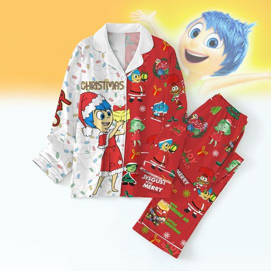 Joy Inside Out 2 Christmas Pajamas Set, Joy Santa Hat Holiday Pajamas, Disney Pixar Cartoon Xmas Family Pajamas, Movie Xmas Set Of Pajamas
