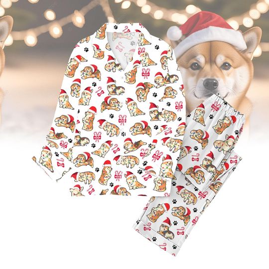 Corgi Dog Christmas Pajamas Set, Dog Owner Xmas Holiday Pajamas, Corgi Santa Hat Shirt Pants Pajamas, Animal Lover Gift