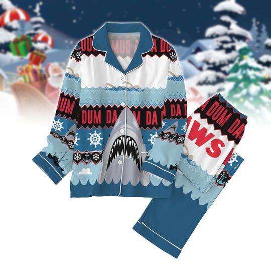 Santa Jaws Christmas Pajamas, Santa Shark Xmas Holiday Pajamas, Horror Movie Women Pajamas, Animal Lover Family Pajamas, Jaws Film Gift