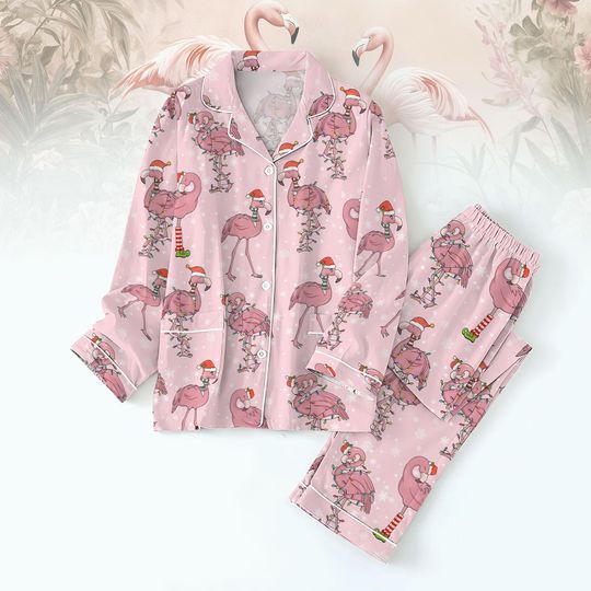Flamingo Christmas Thick Pajamas, Pink Flamingos Santa Pj Set, Flamingo Xmas Lights Holiday Pajamas, Funny Christmas Animal Pajamas Fam