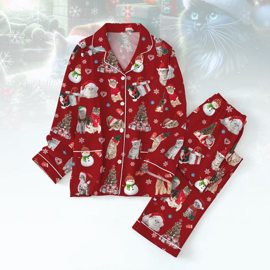 Christmas Cat Pajamas Set, Merry Meowy Santa Hat Pj Set, Cat Lover Xmas T-Shirt Pants Set, Cat Mom Christmas Holiday Pajamas