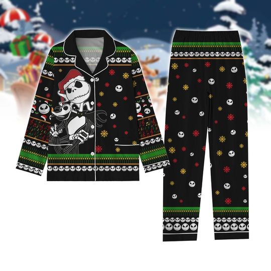 Jack Skellington Christmas Pajamas Set, Nightmare Before Christmas Movie, Skellington Santa Hat Pajamas, Disney Xmas Set Of Pajamas