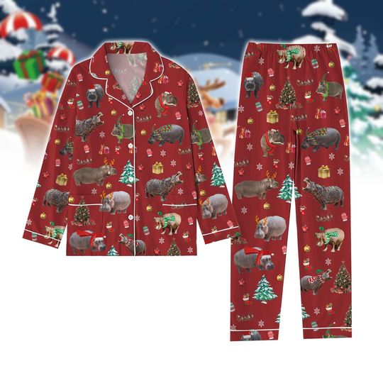 Christmas Hippopotamus Pajamas, I Want a Hippopotamus For Xmas, Hippopotamus Santa Hat Pj Set Pants, Hippo Family Matching Pajamas