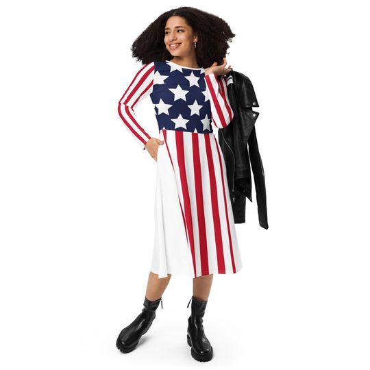 USA American Flag print long sleeve midi dress, Stars and Stripes Veterans Independence Day