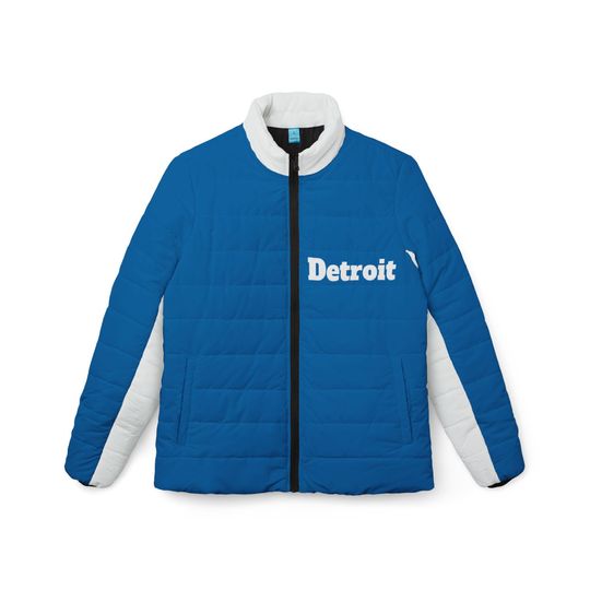 Blue and white Women's puffer jacket, Women's coat, cute jacket, vintage Detroit Football Themed jacket, gift for football fan, gift
