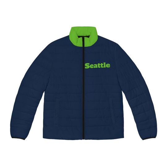 Blue and green Men's Puffer Jacket, men's coat , vintage seattle jacket,  football fan gift, fan coat, gift