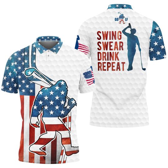 Bigfoot Golf American Flag Polo Shirt Swing Swear Drink Repeat Golf Player Patriotic Golf Polo Shirt