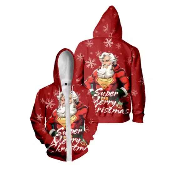 Super Merry Christmas Zip 3D Hoodie, cute Santa Clasus hoodie, Xmas gift