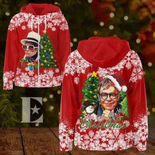 Zip Hoodie 3D Christmas, Elton John Step Into Christmas Tree Hoodie, Xmas shirt
