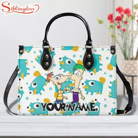 Custom Name Phineas And Ferb Leather Handbag