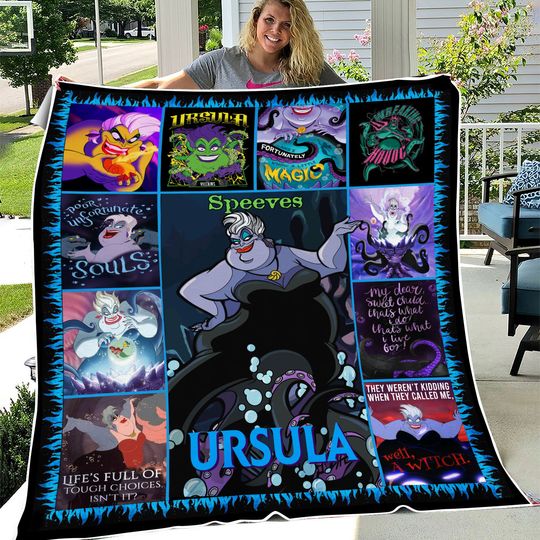 Custom Ursula Pictures Collage Blanket, Cartoon Movie Blanket, Ursula Cartoon Birthday Blanket,Personalized Disneyland Ursula Fleece Blanket