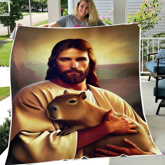 Capybara In Jesus Arms Fleece Blanket