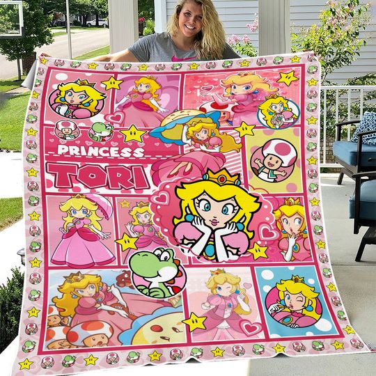 Personalized Super Mario Bros Princess Peach Fleece Blanket, Princess Peach Mario Fleece Blanket