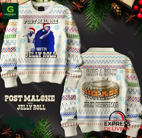 Jelly Roll With Post Malone Have A Holly Rolly Christmas Ugly Sweater