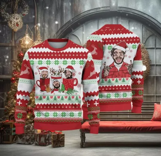 Home Malone Christmas Ugly Sweater, Post Malone Coffee Cups 3D All Over Print