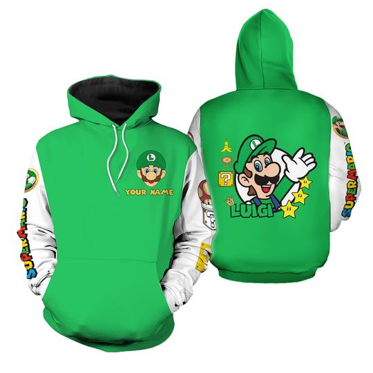 Luigi Hoodie, Super Mario Hoodie, Custom Luigi Hoodie, Super Mario Gaming Hoodie